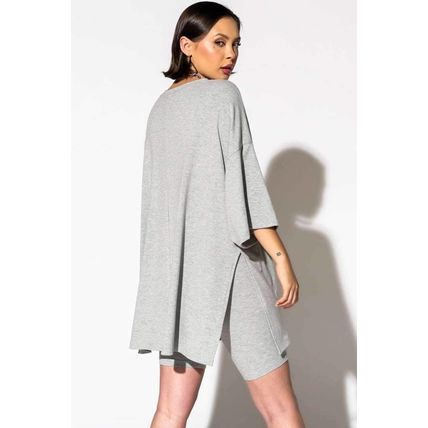 Light Grey Solid Color Loose Tunic Top and Slim Shorts Set