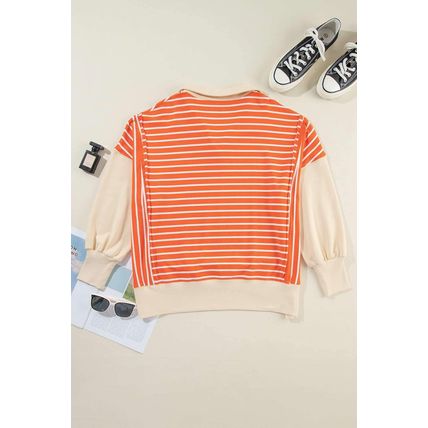 Orange Stripe Color Block Loose Fit Collared Drop Shoulder Sweatshirt