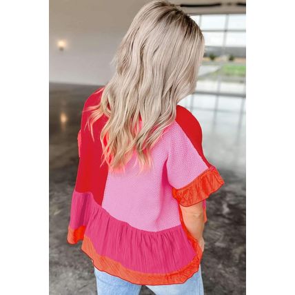 Tomato Red Mix Knitted Patchwork Ruffle Trim Loose Sweater