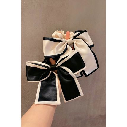 Color black Contrast Trim Satin Bow Knot Hair Scrunchie