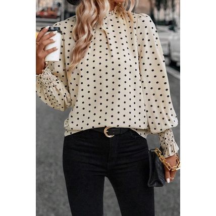 Apricot Polka Dot Print Frilled Collar Lantern Sleeve Blouse