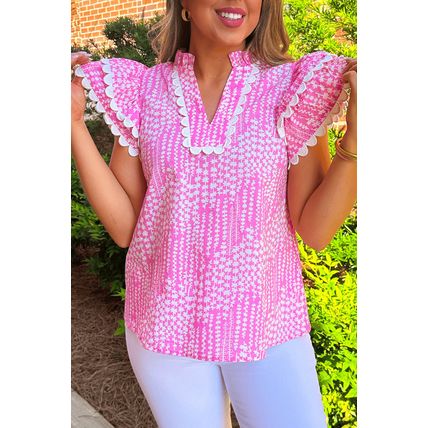 Pink Abstract Print Ric Rac Trim Flutter Sleeve Notch V Neck Blouse