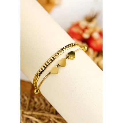 Gold Triple Heart Double Layer Adjustable Chain Bracelet