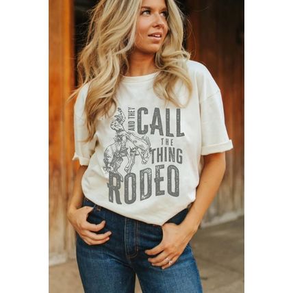 White AND THEY CALL THE THING RODEO Print Round Neck T Shirt