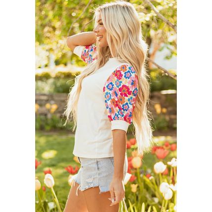 Beige Floral Puff Sleeve Patchwork Round Neck Top