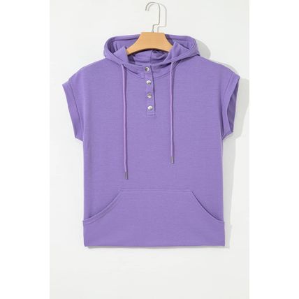 Purple Short Sleeve Buttoned Neck Kangaroo Pocket Hoodie