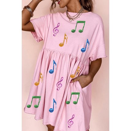 Light Pink Sequined Note Pattern Raw Edge Music Festival Babydoll T-shirt Dress