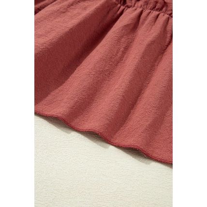 Red Sandalwood Geometric Stitch Shirred Bodice Ruffled Trim Sleeveless Mini Dres