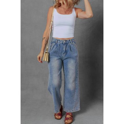 Ashleigh Blue Washed Pleated Detail Wide Leg Jeans