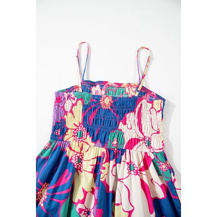 Purple Floral Print Shirred Spaghetti Strap Loose Maxi Dress
