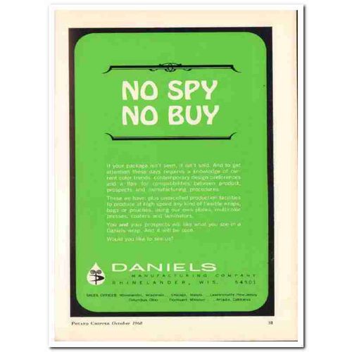 daniels mfg company 1968 no spy buy wraps bags snack food vintage ad
