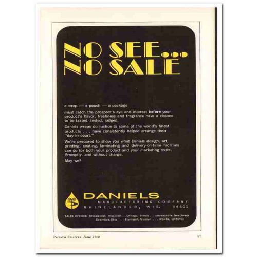 daniels mfg company 1968 no see sale wraps bags snack food vintage ad