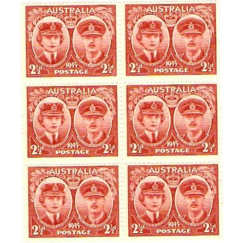 Australia 1945 Victory 2.5d red block of 6 mint