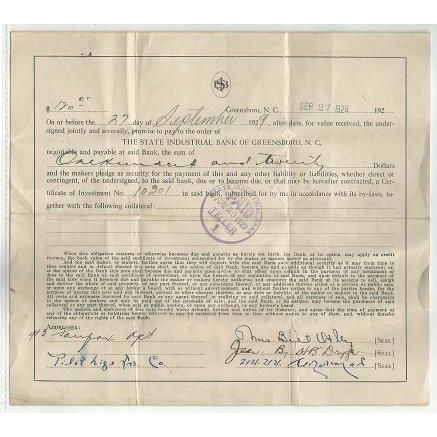 LOAN DOCUMENT ' 1928 ' BANK OF GREENSBORO