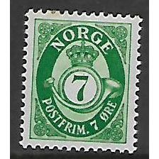 NORWAY 1937 POST HORN 7 ORE GREEN SG 283 M / MINT#