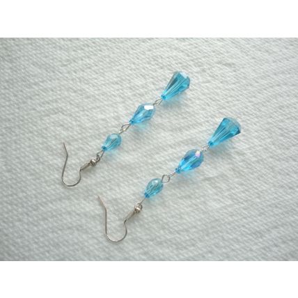 Handmade Turquoise Faceted Glass Bead Dangling Earrings. SP Hook Ear-Wires