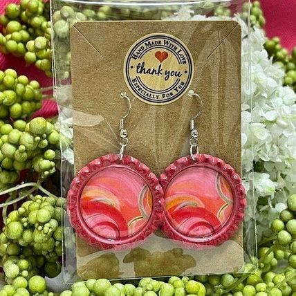 Pink Swirl Bottle Cap Retro 60's Dangle Fish-hook Earrings Handcrafted