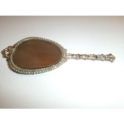 Vintage 5" Gold Tone Hand Mirror with Brocade Covered Back