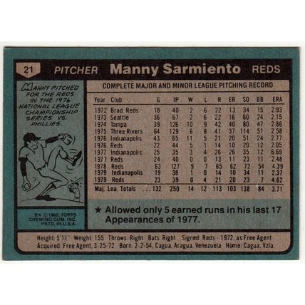 1980 Topps baseball card 21 Manny Sarmiento - Reds