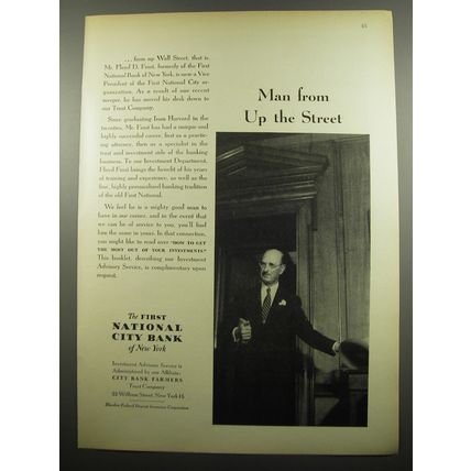 1955 First National City Bank of New York Ad - Man from up the Street