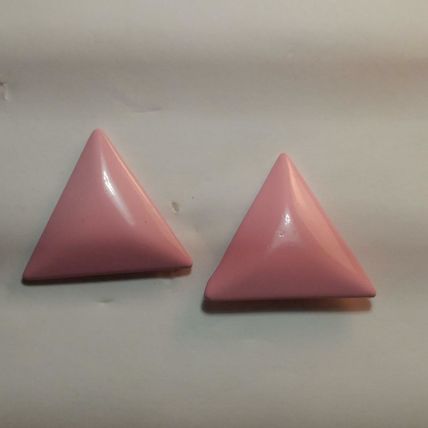 Pink Enamel Triangle Earrings Vintage Pyramid Shape Metal Pierced Earrings 1"