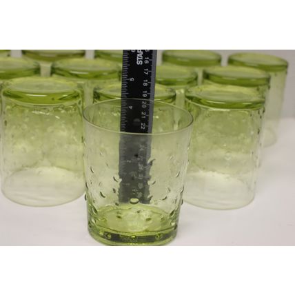 Set of 13 oval, green bubbled glass drinking glasses, 12 fluid oz capacity
