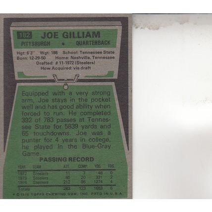 JOE GILLIAM 1975 AUTOGRAPHED PITTSBURGH STEELERS ALL-PRO QUARTERBACK CARD