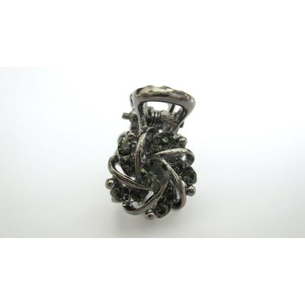 Small tiny dark silver metal hair claw clip with gray crystals