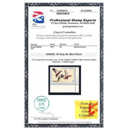 RW38, Mint NH XF/Superb $3 Duck Stamp - PSE Graded 95 Certificate * Stuart Katz