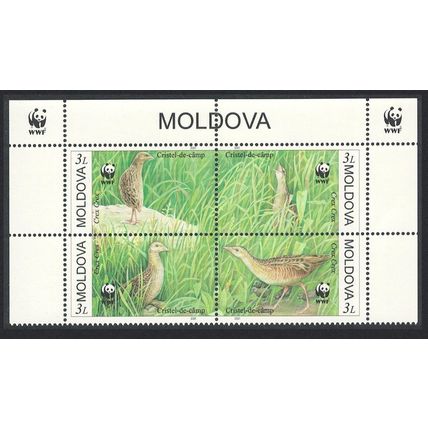 Moldova Endangered Species Corncrake Bird 4v Block of 4 WWF Logo 2001 MNH