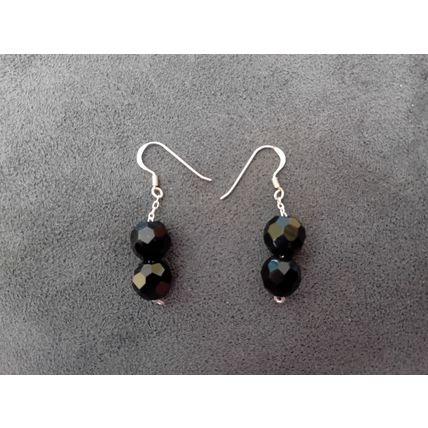 Silver Black Faceted Bead Drop Earrings