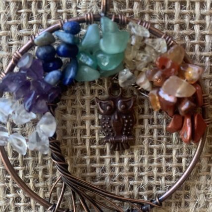 7 Chakra Stone Crystal Tree of Life Wire Wrapped Pendant Necklace w Copper Owl