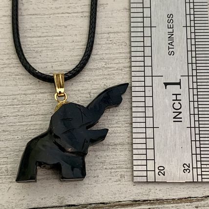 Black Nephrite Jade Elephant Pendant Necklace Adjustable Black Cord Chain 20"