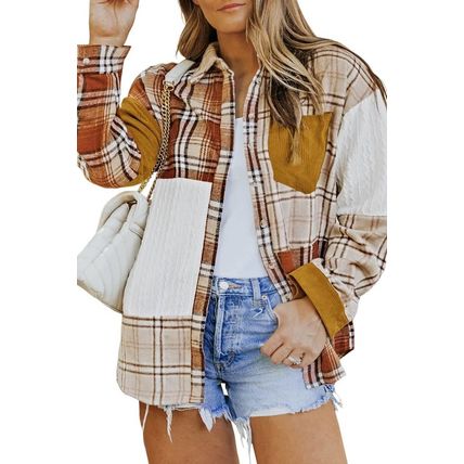 Gold Brick Plus Size Plaid Patchwork Button up Shacket