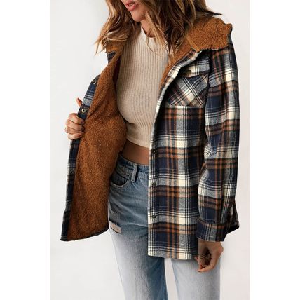 Plaid Pattern Sherpa Lined Hooded Shacket