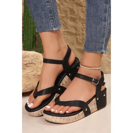 Black Flip-flops Design Faux Leather Wedge Sandals