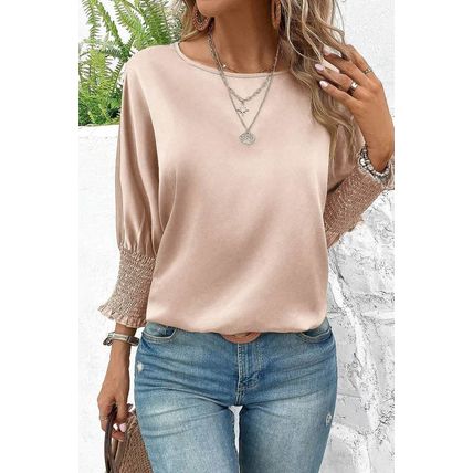 Smoke Gray Shirred Dolman Sleeve Satin Blouse