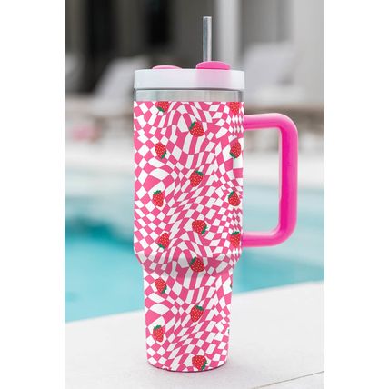 Rose Red Strawberry Checkered Print Handled Tumbler 40oz