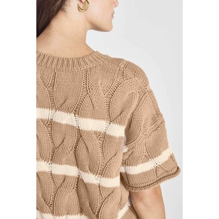 Dark Khaki Striped Cable Short Sleeve Sweater