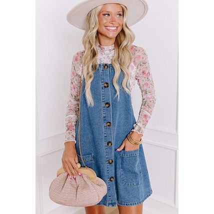 Dusk Blue Wide Strap Button Front Pocketed Denim Mini Dress