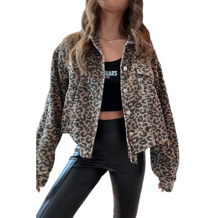 Dark Khaki Leopard Print Corduroy Irregular Hem Buttoned Jacket