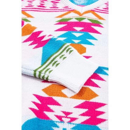 White Oversize Aztec Print High Low V Neck Sweater