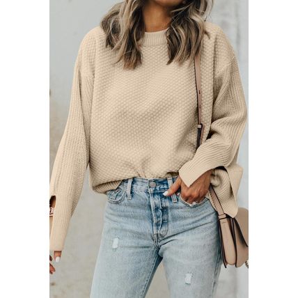 Parchment Solid Textured Knit Split Cuff Drop Shoulder Loose Sweater