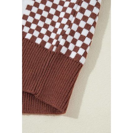 Brown Checkered Print Drop Shoulder Round Neck Sweater