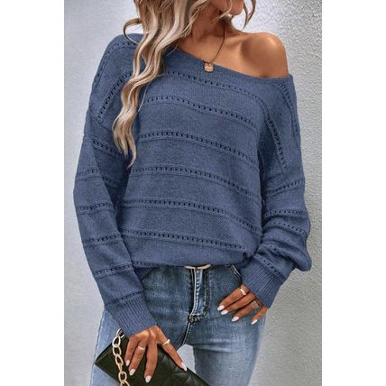 Real Teal Boat Neck Drop Shoulder Pointelle Knit Sweater