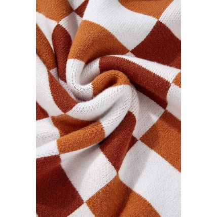 Orange Checkered Ribbed Edge O Neck Drop Shoulder Sweater