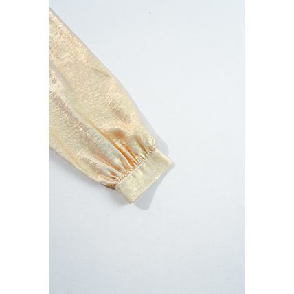 Gold Metallic Frilled V Neck Puff Sleeve Babydoll Blouse