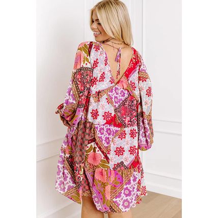 Rose Mixed Floral Long Sleeve V Neck Lace-up Hollowed Back Plus Size Dress