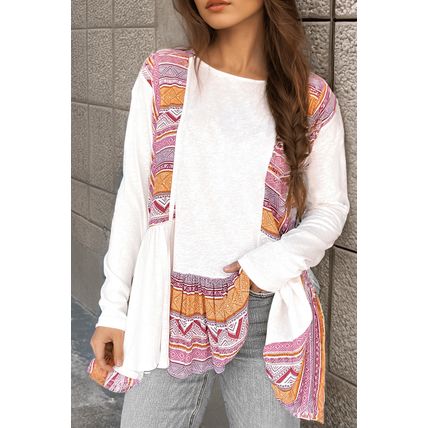 White Western Aztec Print Patchwork Ruffled Tunic Long Sleeve Babydoll Top