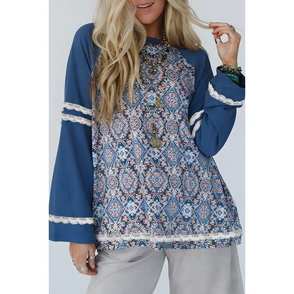 Blue Geometric Printed Lace Patchwork Ric Rac Raglan Long Sleeve Top